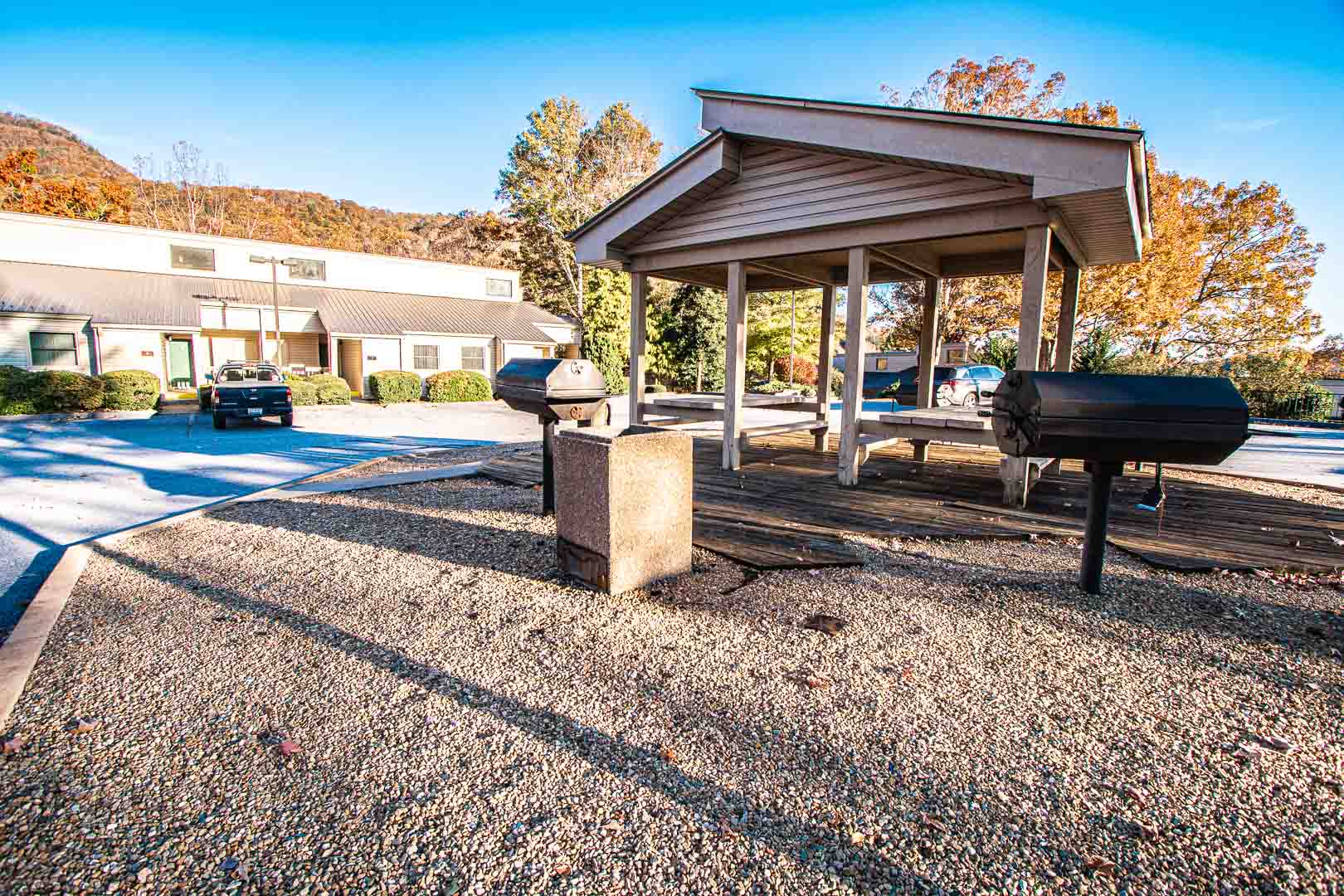 A peaceful BBQ area at VRI's Fairways of the Mountains in North Carolina.